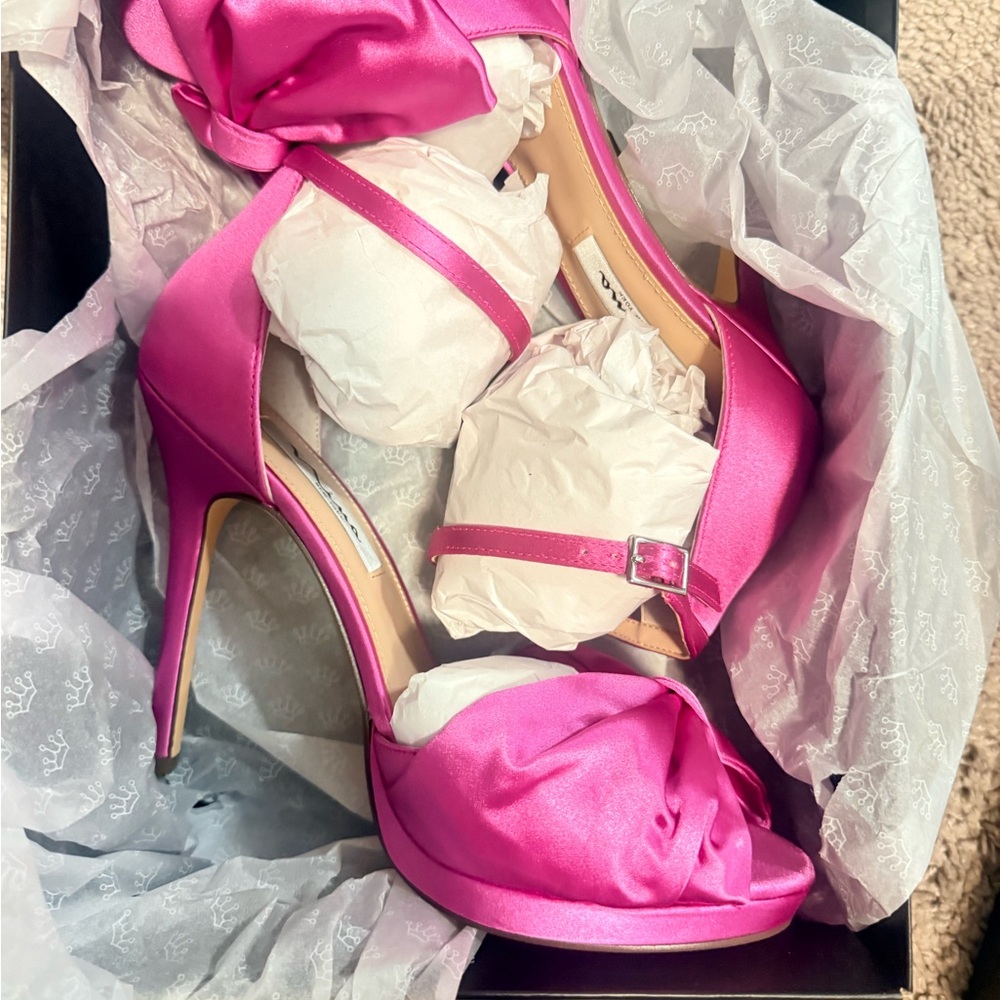 Nina Hot Pink Satin Ankle-Strap Platform Heel with Bow Accent - Picture 2 of 4